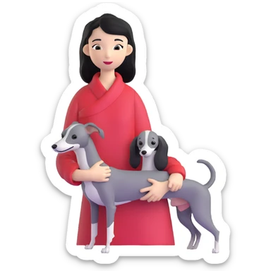 Slim Chinese girl with long black hair holding all grey Italian greyhound sticker
