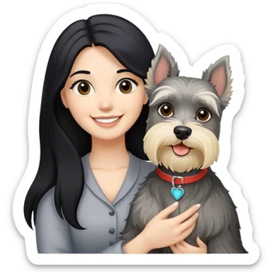 A smilling woman with long black hair holding a blonde Schnauzer sticker