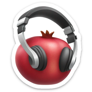 An IOS, Apple designed pomegranate emoji that is wearing headphones, facing to the right slightly. White background. Simple design. sticker