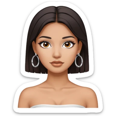 latina makeup olsun, saçları düz, halka küpeler taksın. takıların hepsi gümüş rengi olsun halka küpeler ve kolye dahil. makyajı ağır olsun ve beyaz bir Bandeau top kıyafet giyisin sticker