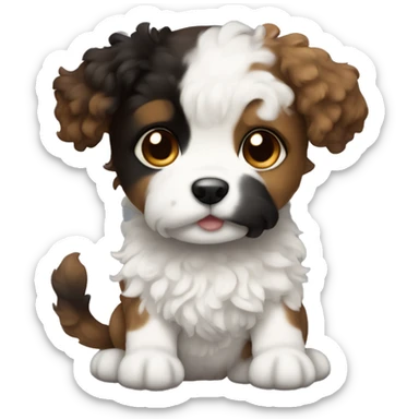 Puppy with curly black and brown fur and white fur only on chest sticker
