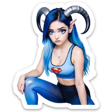 Disapponted-big tears-head back texting on phone-very very large upper body-sexy face-bending forward at waist-very long very straight dark blue to light blue ombre hair-and-blue eyes-thick black eyeliner-cute goat horns-iridescent blue lowcut tanktop with black leggings with glitter superman logo sticker