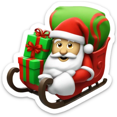 Santa in red sleigh, green sack of gifts, fun and festive sticker