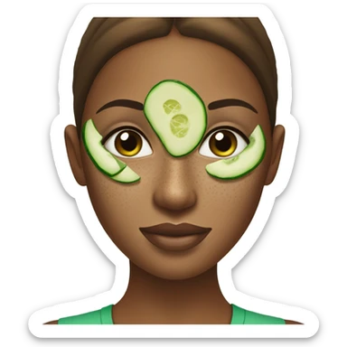 Girl with freackles Brown hair white skin Tone and blue eyes wears Green skin care mask while She relaxes and cucumber on her closed eyes sticker