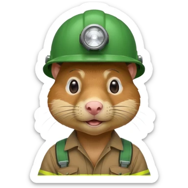 a mole rat, green helmet, headlamp, worker cloth sticker