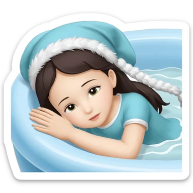 Девушка белокожая на беговой дорожке, с длинными светло-лиловыми волосами, в лиловом топе, в серых спортивных штанах, с черными ресницами sticker