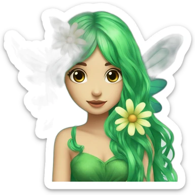 long green hair fae dress with wings sitting on flower sticker
