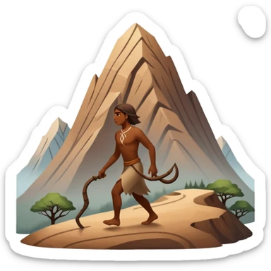 una figura humana sencilla como pintura rupestre caminando hacia una montaña la montaña hecha con líneas curvas primitivas
un animal totémico minimal 
un espiral tipo energía ancestral de fondo 
una mano prehistórica adaptada a ícono
Con una runa moderna inspirada en naturaleza sticker