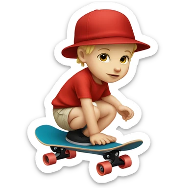 White baby boy wearing a red hat on a skateboard sticker