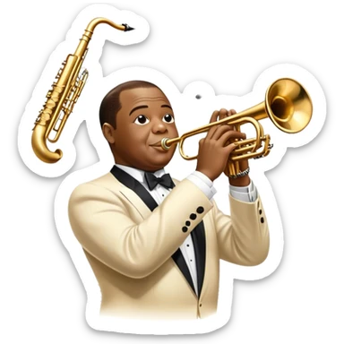 Icon for Jazz Music: Louis Armstrong with his trumpet in front of a jazz orchestra. Include musical instruments like a saxophone, trumpet, and piano, with floating musical notes around. The design should capture the smooth and soulful vibe of jazz. Transparent background. sticker