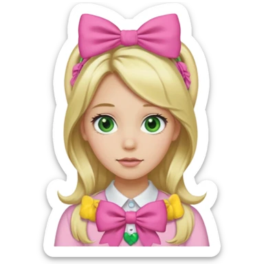 blonde girl long hair middle part, green eyes, pink bow and scrunchie sticker