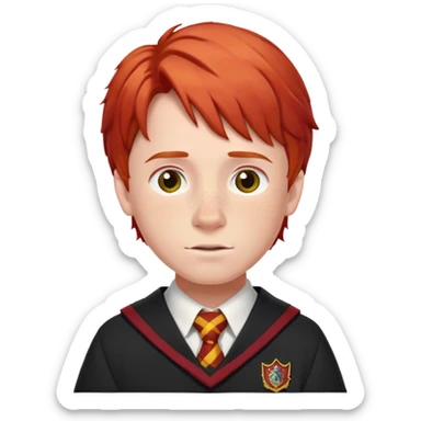 Ron Weasley with red hair, freckles, and Gryffindor school uniform sticker
