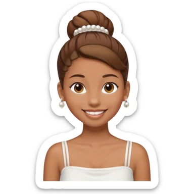 Light brown skin girl, brown hair in bun, smiling, white tube top, pearl earrings sticker