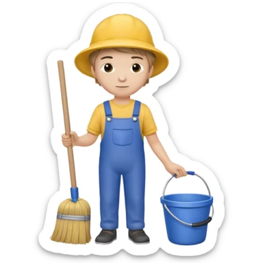 Boy in cleaning clothes, holding a broom and a bucket sticker