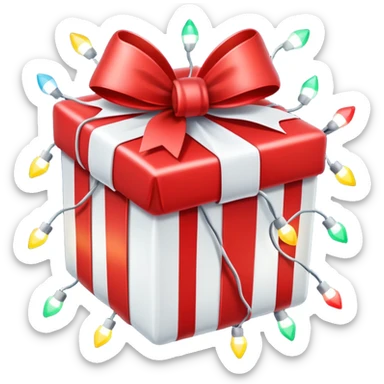 red and white christmas present with Christmas lights sticker