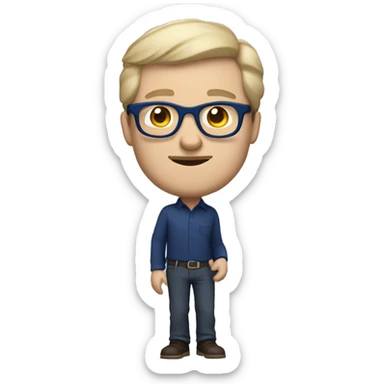 caucasian white man with dark hair, blue glasses, and carrying design plan because he is an architect and a pencil and a set model maquette. wearing a navy blue long sleeve shirt. smart.  sticker