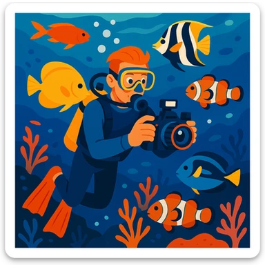 male dive photographer with an underwater camera swimming near colorful fish vibrant semi-realistic illustration style sticker
