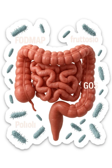 intestino umano anatomico con parole TIPO "FODMAP, fruttosio, lattosio, GOS, Polioli" in italiano CHE GLI FLUTTUANO INTORNO INSIEME A BATTERI INTESTINALI, iperrealistica 4k sticker
