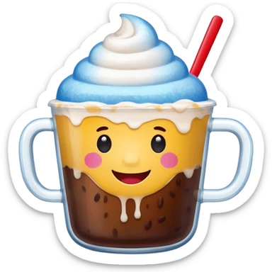 minimal LINE-style emoji of smiling shaved ice in a transparent MEGA COFFEE cup, red beans and milk drizzle on top, round eyes, chubby cheeks, happy face sticker