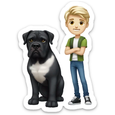 young white kid with justin beiber hairstyle standing alongside a black cane-corso sticker