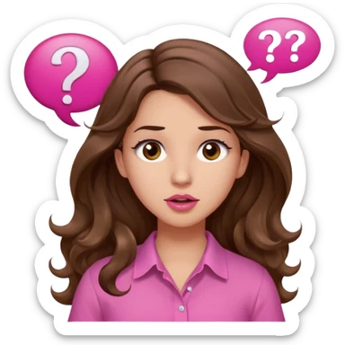 girl with long wavy brown hair, brown eyes, light to medium complexion, in a pink shirt, pink lips, long lashes, shugging, question mark one speech bubble sticker