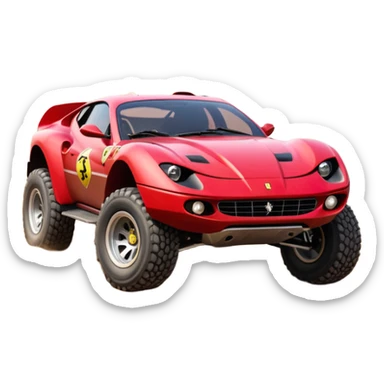 Satan’s and Barbie (post race) Ferrari -colored Dirty and dented Local Motors Rally Fighter off road race car hot rod trophy truck-style basher flying on a dusty road (silver wheels) sticker