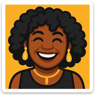 Create another emoji of this lady using a color palette of black, silver, gold, and white. Show her in a different joyful pose, with matching hairstyle and accessories in these colors, in a vibrant toon style. sticker