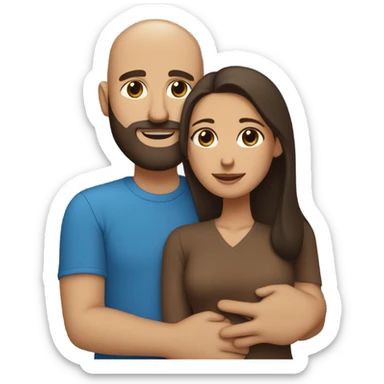Comforting hug from brunette Puerto Rican with dark brown eyes wearing a cute blue top to short, bald man with brown eyes and a beard wearing a brown sweater sticker