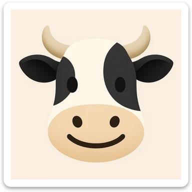 Create a simplified, friendly cow face emoji similar to the reference image. The emoji should have black and white markings and horns, in a simplified emoji-like style. sticker