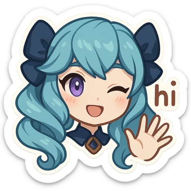 Gwen from League of Legends, hi emote, chibi style, only head, right eye purple, waving hand, sample 1 sticker