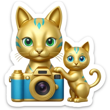 A green cat with blue eyes holds a camera and a gold horse statue  sticker