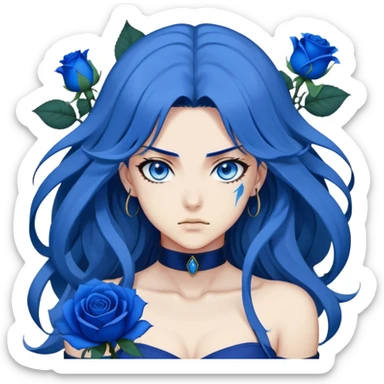 head portrait of anime girl with long dark blue hair, blue rose in hair, bright blue eyes, dramatic JoJo's Bizarre Adventure style, bold outlines, intense expression sticker