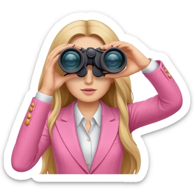 woman with long hair in a pink suit looking through binoculars, front view sticker
