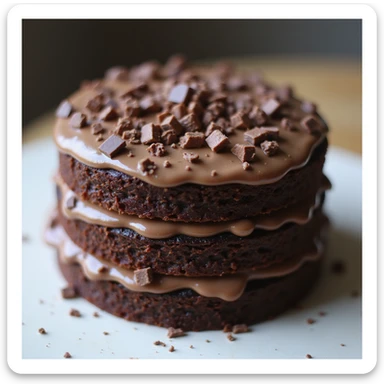 a realistic double fudge chocolate cake, whole, topped with chocolate shavings, photorealistic style, no background sticker