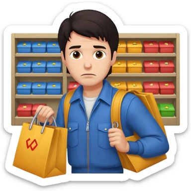 a man in 80s clothes, no mask, escaping a shop with loot, worried face, cartoon style, dark hair sticker