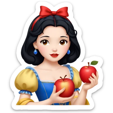 Cinematic Realistic Snow White Portrait, depicted with lifelike skin texture, soft natural lighting, and intricately detailed black hair styled with a red ribbon. Her soft brown eyes radiate innocence and kindness, complemented by a warm, gentle smile. She holds an apple in one hand, her other hand resting against her cheek, embodying her purity and charm. She is dressed in her classic yellow, blue, and red gown, the fabric rich in texture with delicate folds that catch the light beautifully. The portrait features a soft, natural glow with a radiant finish, capturing the essence of timeless beauty in a realistic and painterly style. sticker