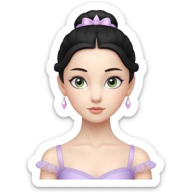 Cinematic Realistic ballerina Light Purple Portrait, depicted with lifelike skin texture, subtle rosy undertones, and soft natural lighting that enhances the gentle contours of her face. Her intricately detailed sweet black hair is elegantly styled, green eyes sticker