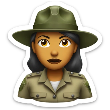 a female drill sergeant showing full torso wearing a classic sergeant hat and a camouflage army shirt. The character should have an angry intense expression.  sticker