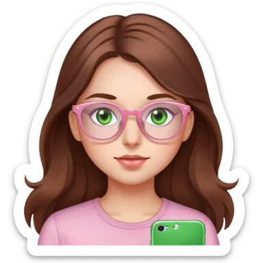 Girl long brown hair, green eyes, light pink glasses sticker