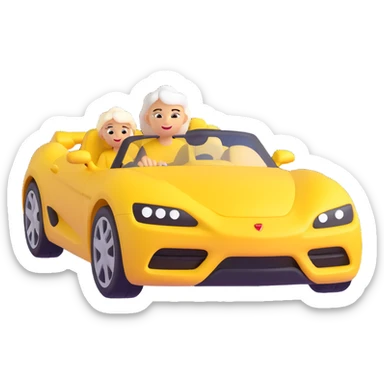 Ensure only the mother with white hair is in the yellow sports car, no other person visible, keep 3D emoji style, 10% more realistic, no background. sticker