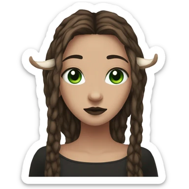 Portrait. Goth, deer girl. Green eyes. She has White antlers and deer ears. Long brown dreadlocks. sticker