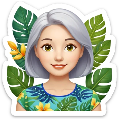 A woman with light complexion, oval face with soft rounded features, full cheeks, gentle almond-shaped eyes with subtle smile lines, silver-gray hair parted to the side, wearing a vibrant short-sleeved blouse with tropical leaf print in blue, green, and yellow, exuding warmth and joy. sticker