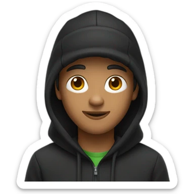 A guy wearing a black hoodie and a black cap sticker