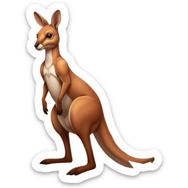Cinematic-realistic Australian kangaroo, standing tall with powerful hind legs and a muscular tail for balance. Its reddish-brown fur glows under the golden sunlight, ears perked and eyes alert. The rugged outback stretches behind it, with dry grass and scattered eucalyptus trees completing the iconic scene. sticker