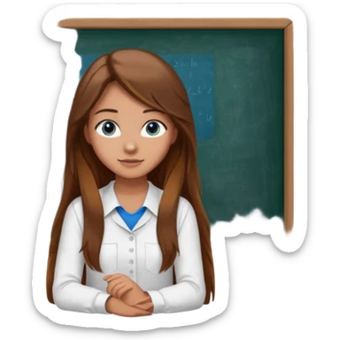 high school class room with a pretty female high school student with long brown hair, blue eyes sitting in front of the blackboard sticker