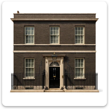 cinematic, realistic emoji of the entire 10 Downing Street building in London, showing the full Georgian brick facade, iconic black door with the number '10', white trim, fanlight window above the door, lifelike detail, accurate colors, bright lighting, zoomed out for a wider angle view, isolated against a white background sticker