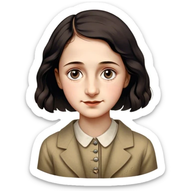 Anne Frank – Cinematic Realistic Portrait of Anne Frank, depicted with a reflective, gentle expression in period clothing, her eyes conveying hope and resilience, rendered with soft, natural lighting and delicate textures that capture the poignancy of her legacy. sticker