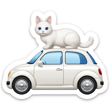 Please create a small emoji the size of 🚗 featuring a pure white cat with bunny tail (not ears) with blue eyes on a white saloon car viewed from side. Again it is necessary that the emoji must be extremely small, much smaller than a standard sized sticker. sticker