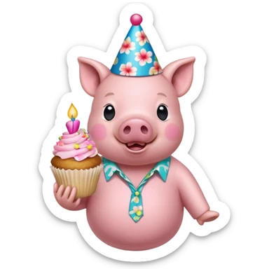 Pig with aloha shirt, birthday hat, holding a cupcake sticker