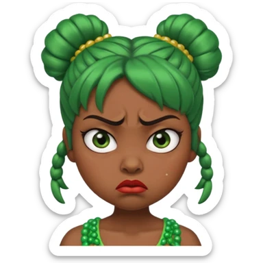 Create a 3D cartoon-style girl character with dark skin, round face, angry expression, big wide eyes, and tightly styled double buns made of green beaded hair. The girl should look irritated, eyebrows sharply angled, and lips pressed in a frown. sticker